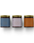 Coffret cadeau bougies Collection Épicée dans pots en verre ambré avec couvercles dorés nervurés, fond blanc minimaliste