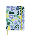 Carnet bleu ciel non daté avec motif floral coloré et élastique jaune sur fond blanc