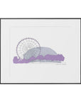 Close-up of Montreal Ferris Wheel art print frame showing matte black wood texture and lavender gondolas