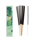 Close-up of Hinoki Fragrance Set's mint green box with golden botanical accents and slender incense sticks