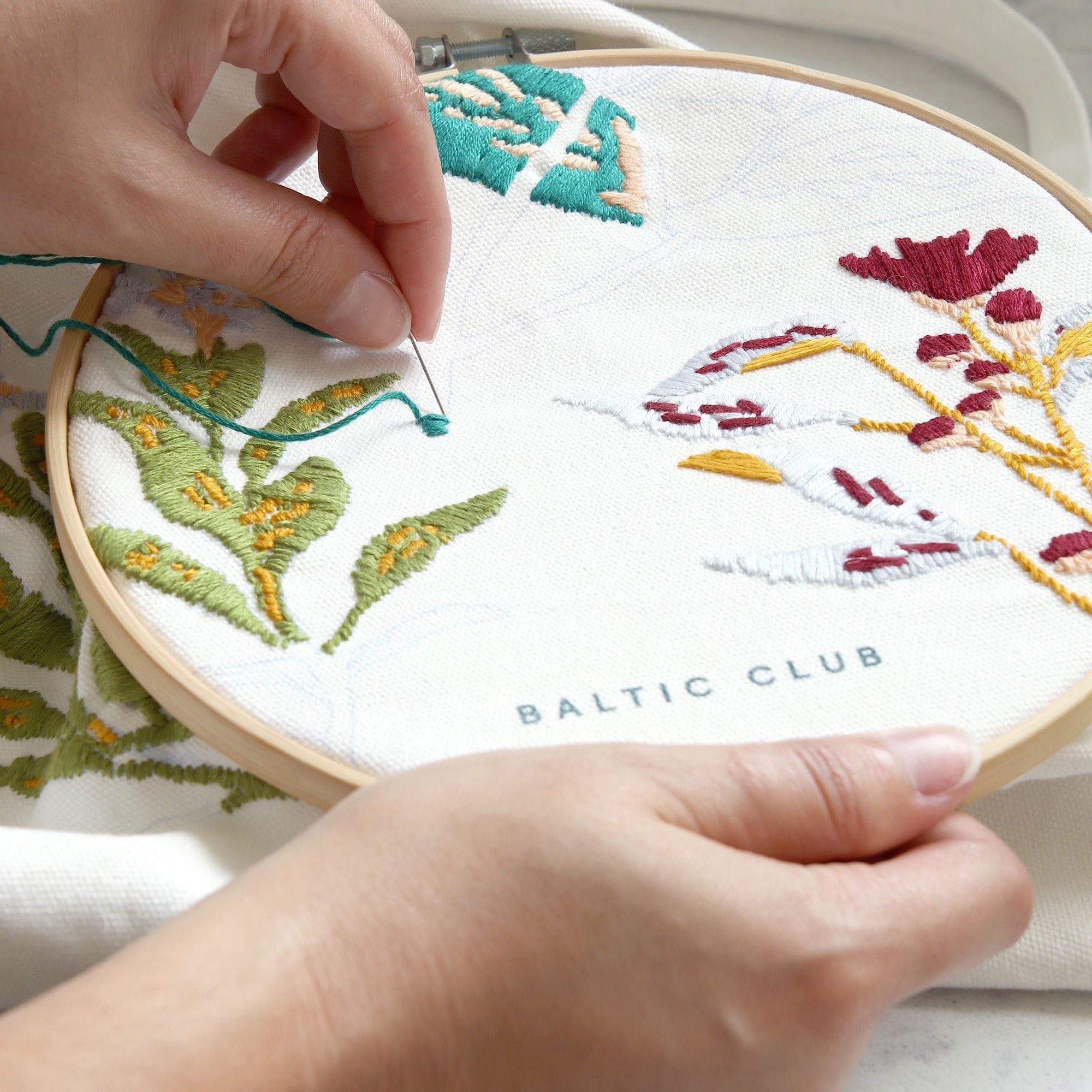 Closeup of the embroidery process making a tote bag thanks to the Embroidery Kit by The Baltic Club