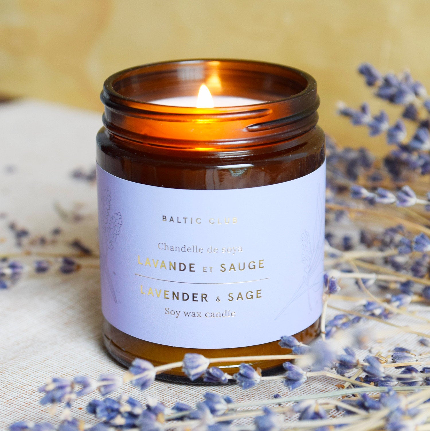Lavender & Sage Candle from Baltic Club, close view of the label