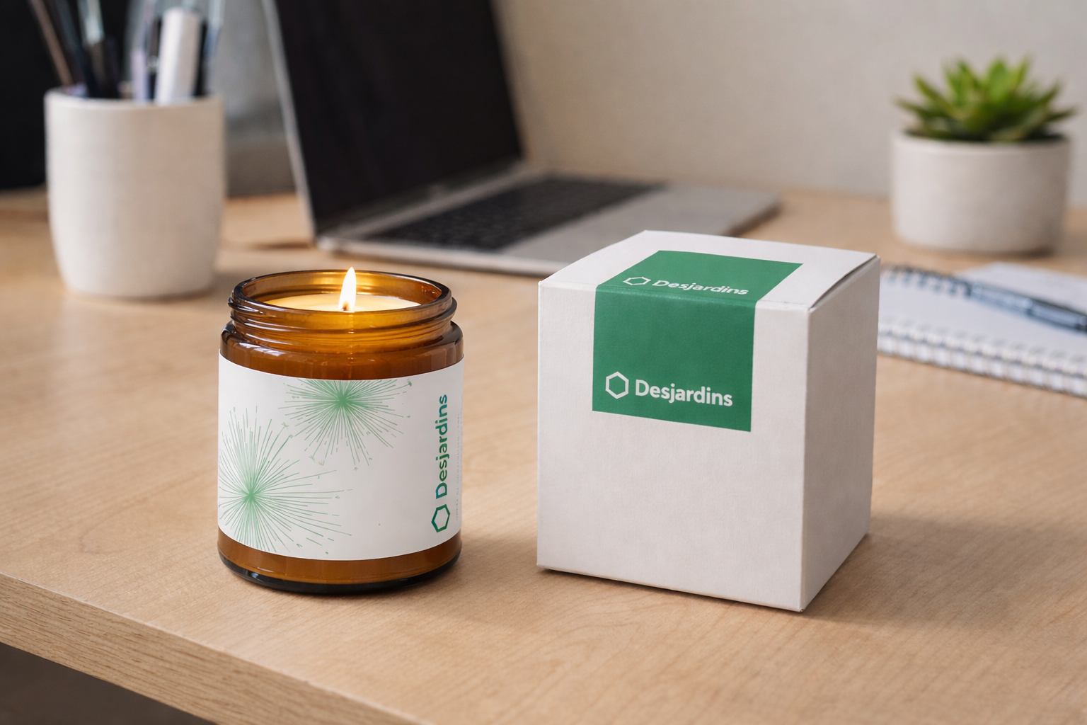 Bougie en verre ambré et boîte cadeau blanche au logo Desjardins sur un bureau en bois clair, ambiance cosy et moderne