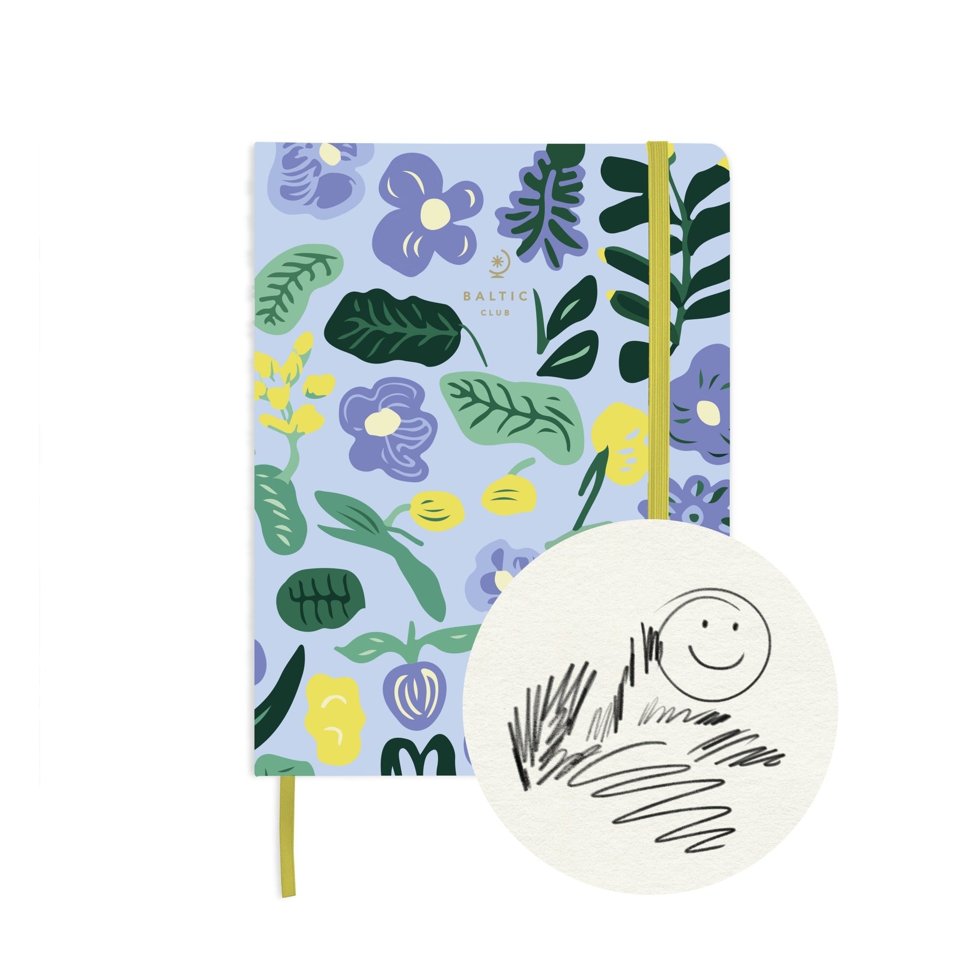 Carnet à dessins Féroé Bleu à couverture bleu lavande ornée de motifs floraux et botaniques vifs, élastique jaune chartreuse.