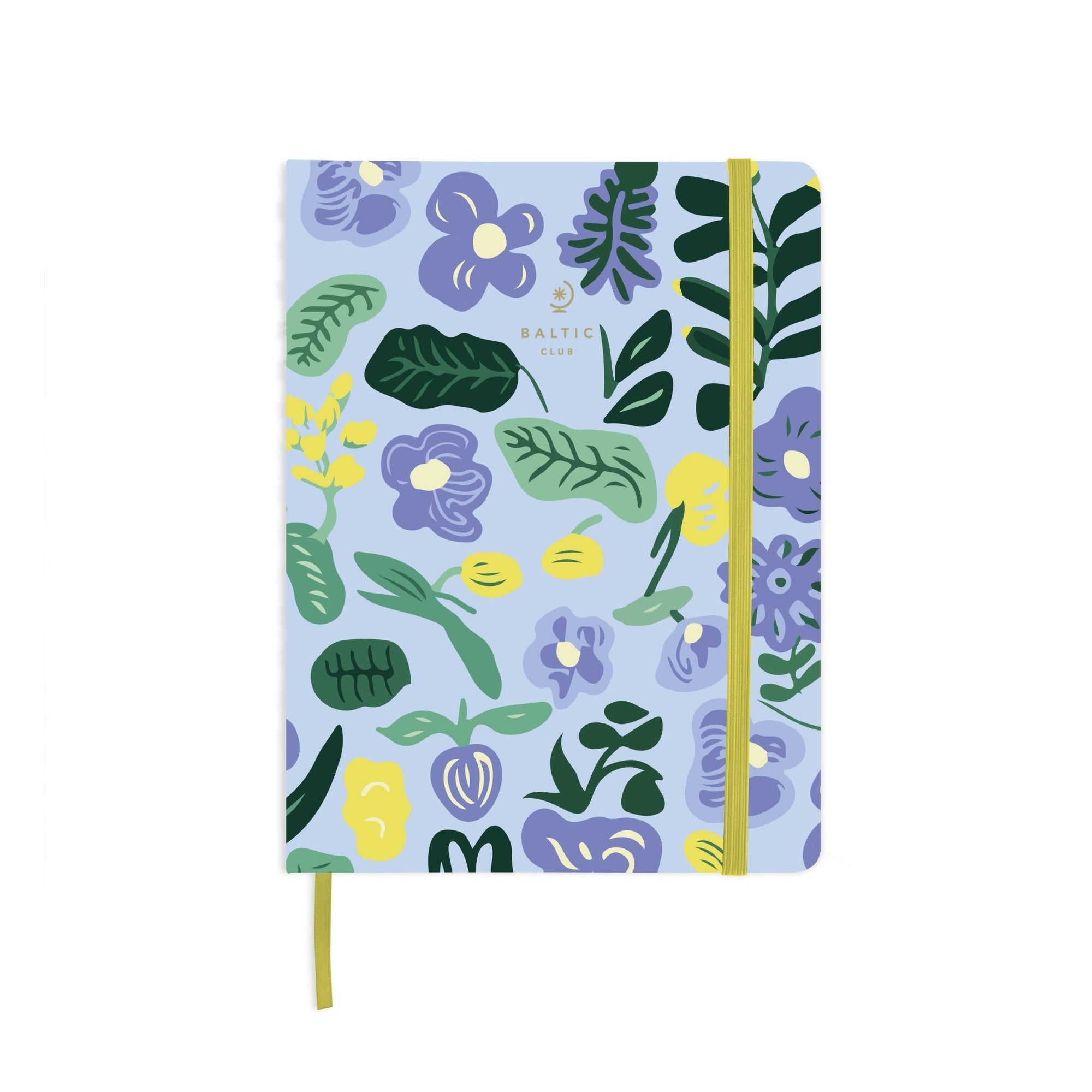 Carnet bleu ciel non daté avec motif floral coloré et élastique jaune sur fond blanc