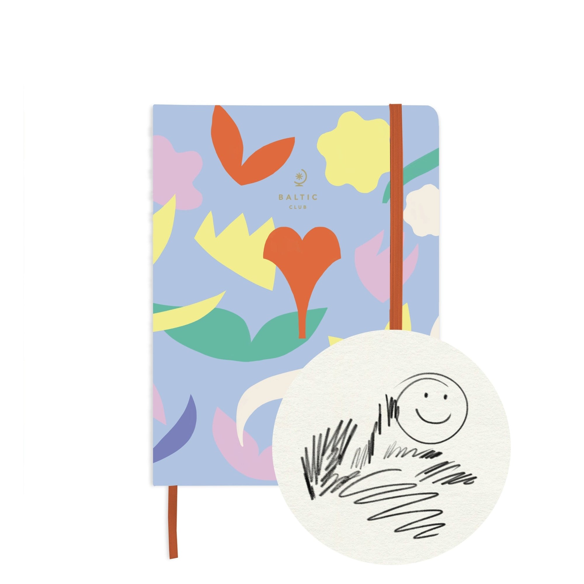 Carnet à dessins Bouquet avec couverture mate abstraite et bande élastique terre cuite sur fond blanc