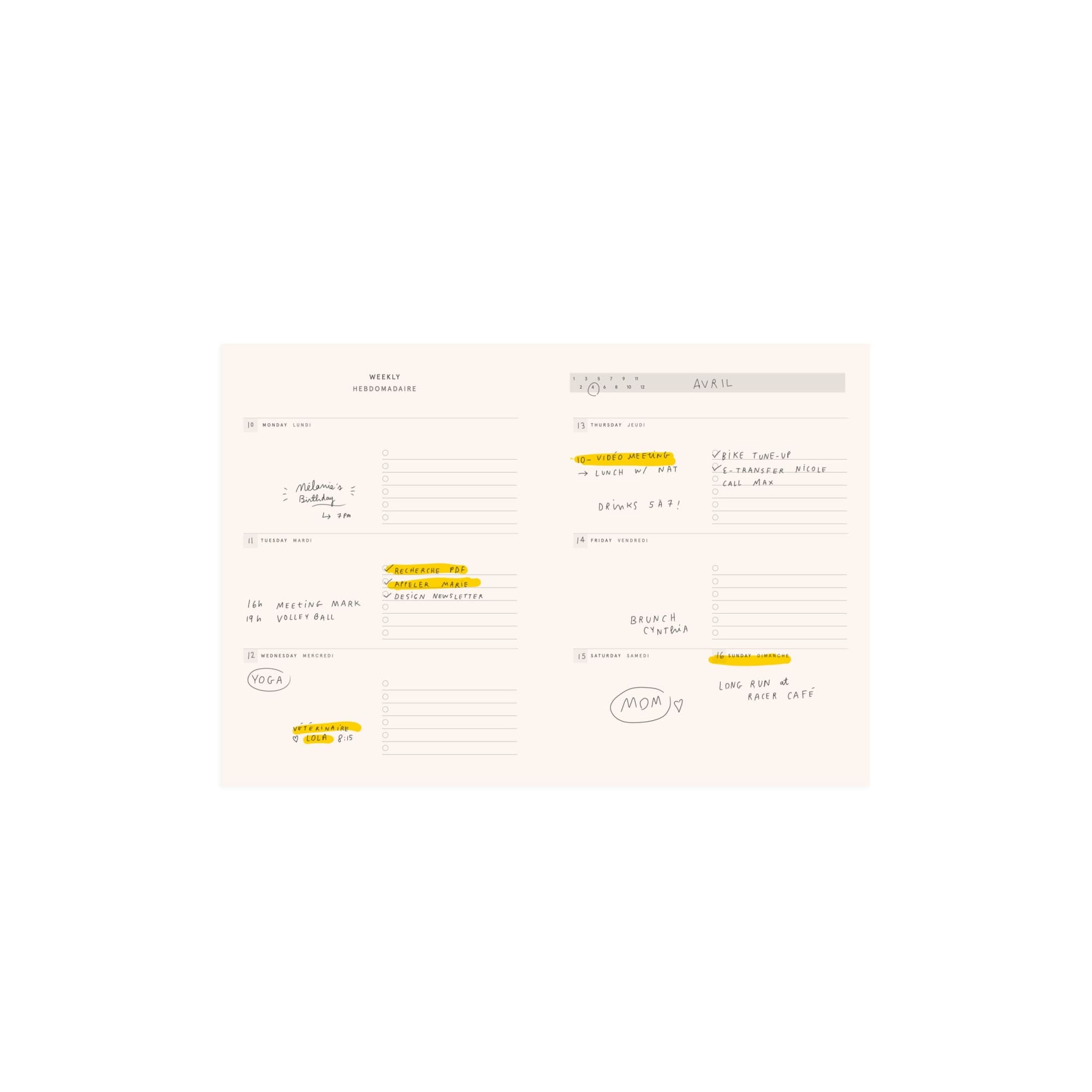Agenda non daté Bouquet ouvert sur papier crème avec notes manuscrites et surlignages jaunes sur fond blanc