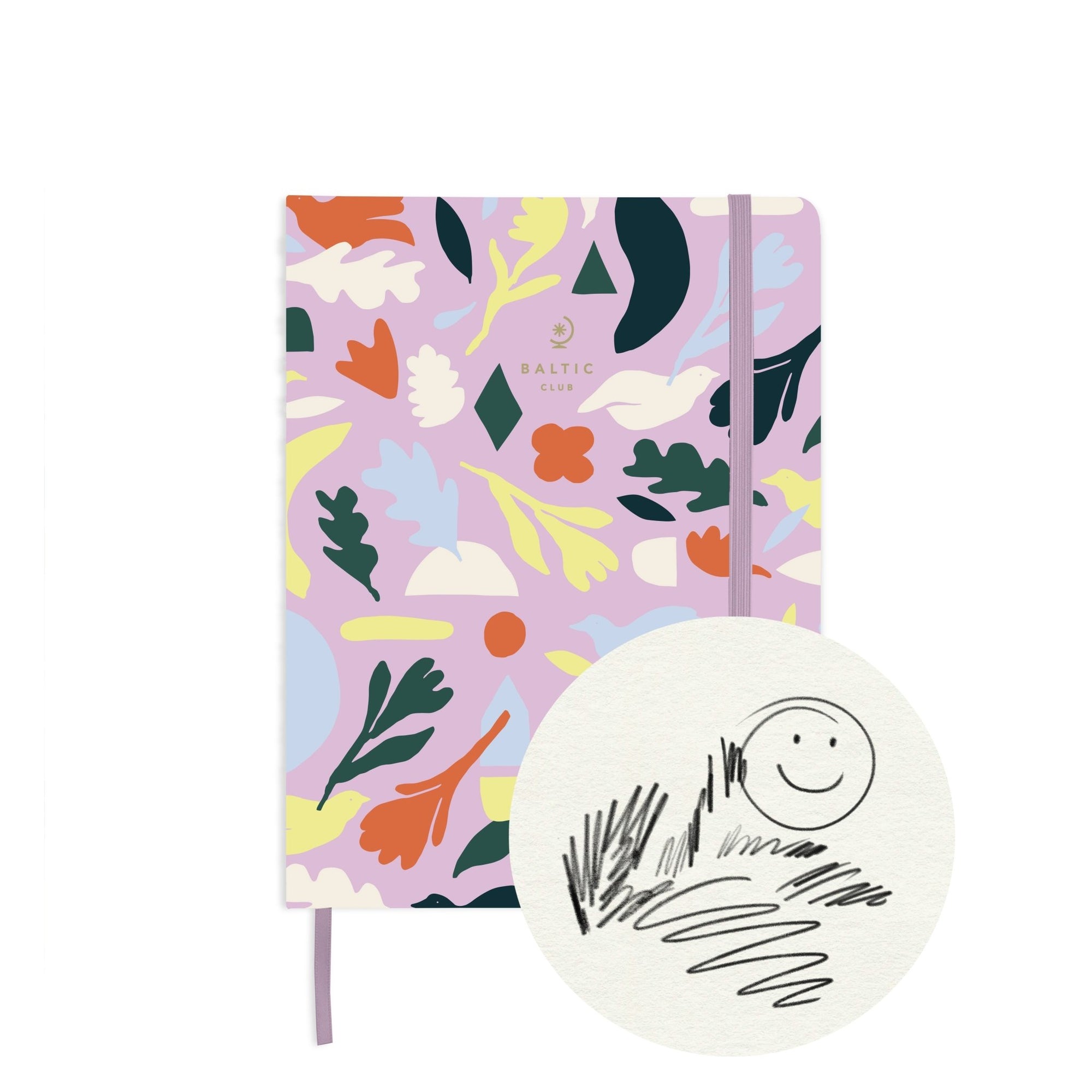 Carnet à dessins Jardin avec couverture lilas mate ornée de motifs floraux et oiseaux abstraits, fermeture élastique et marque-page en tissu