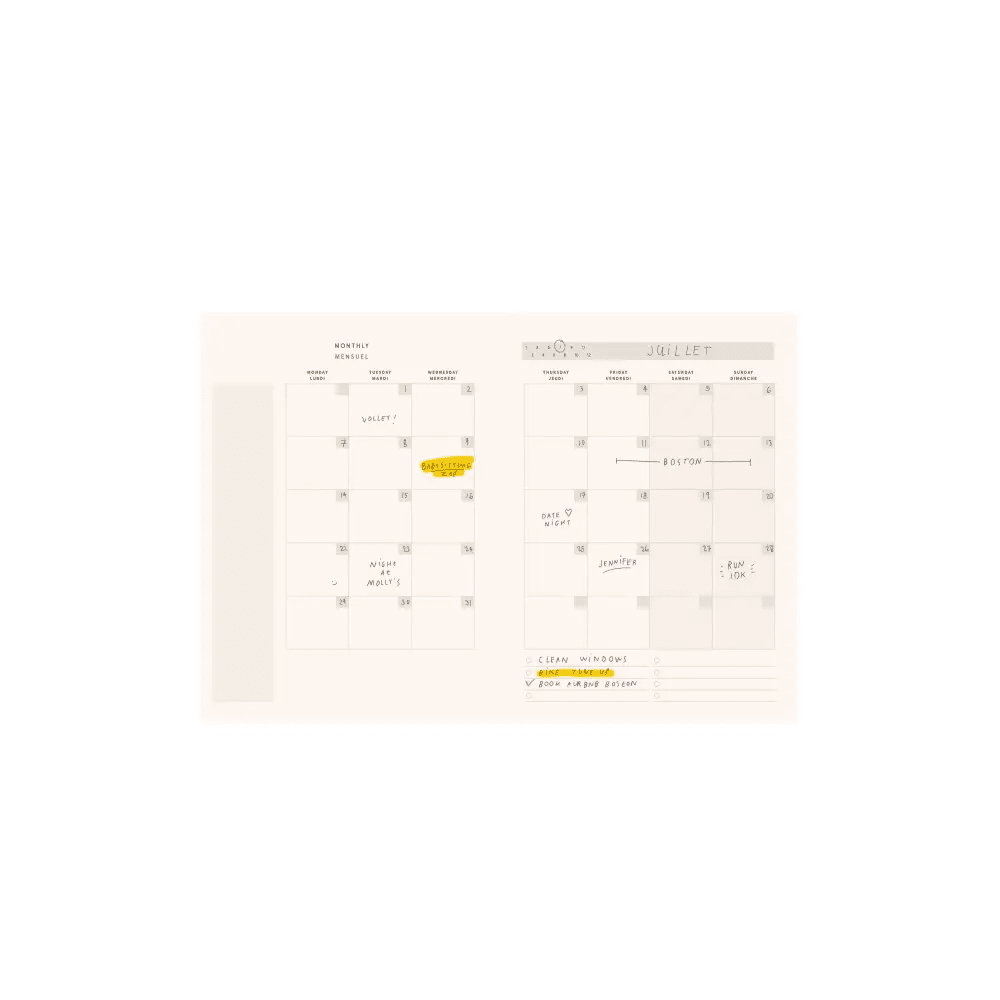 Agenda non daté Jardin ouvert sur juillet avec notes manuscrites sur papier crème mat et reliure spirale argentée