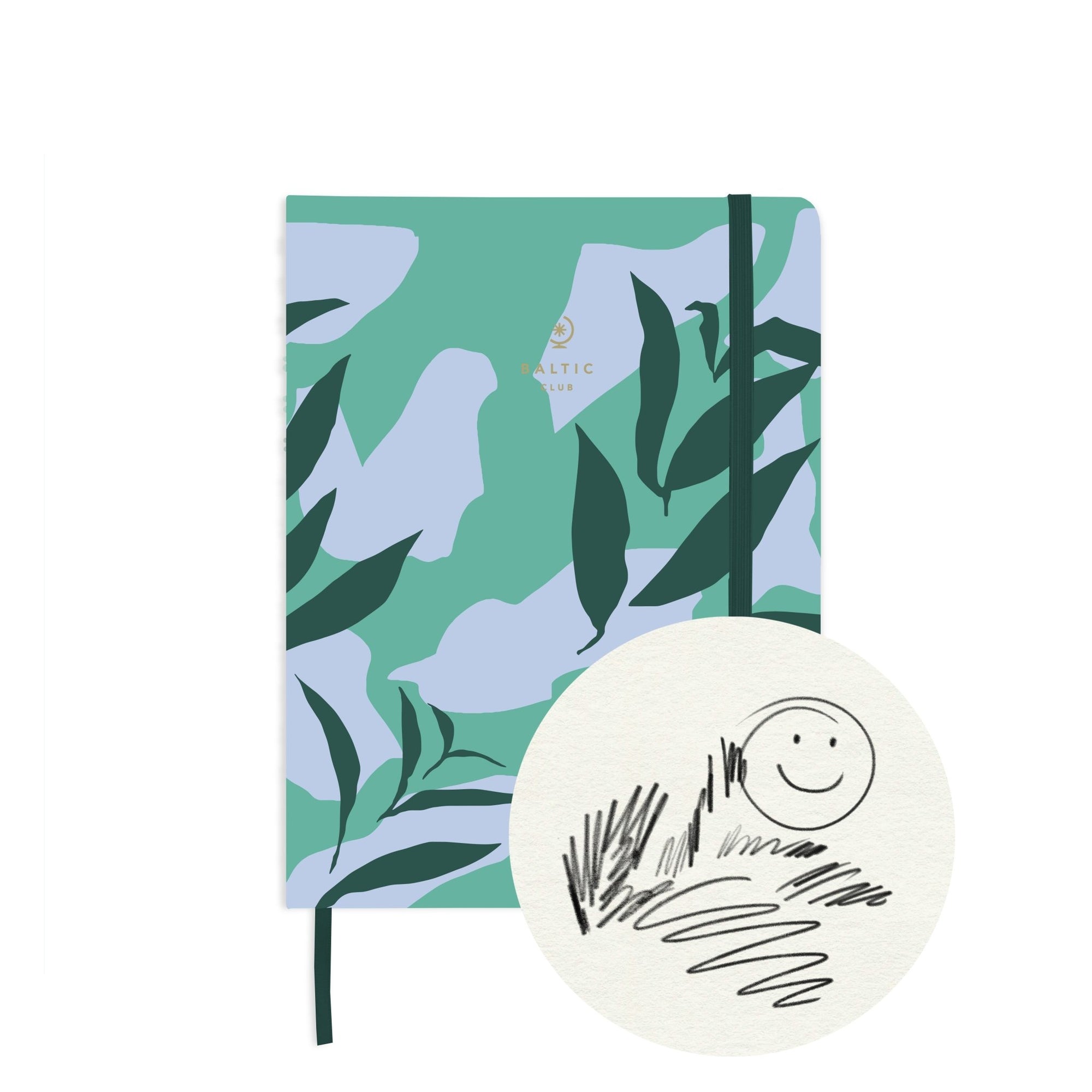 Carnet à dessins Verdure avec couverture mate végétale en vert menthe et forêt, logo Baltic Club doré