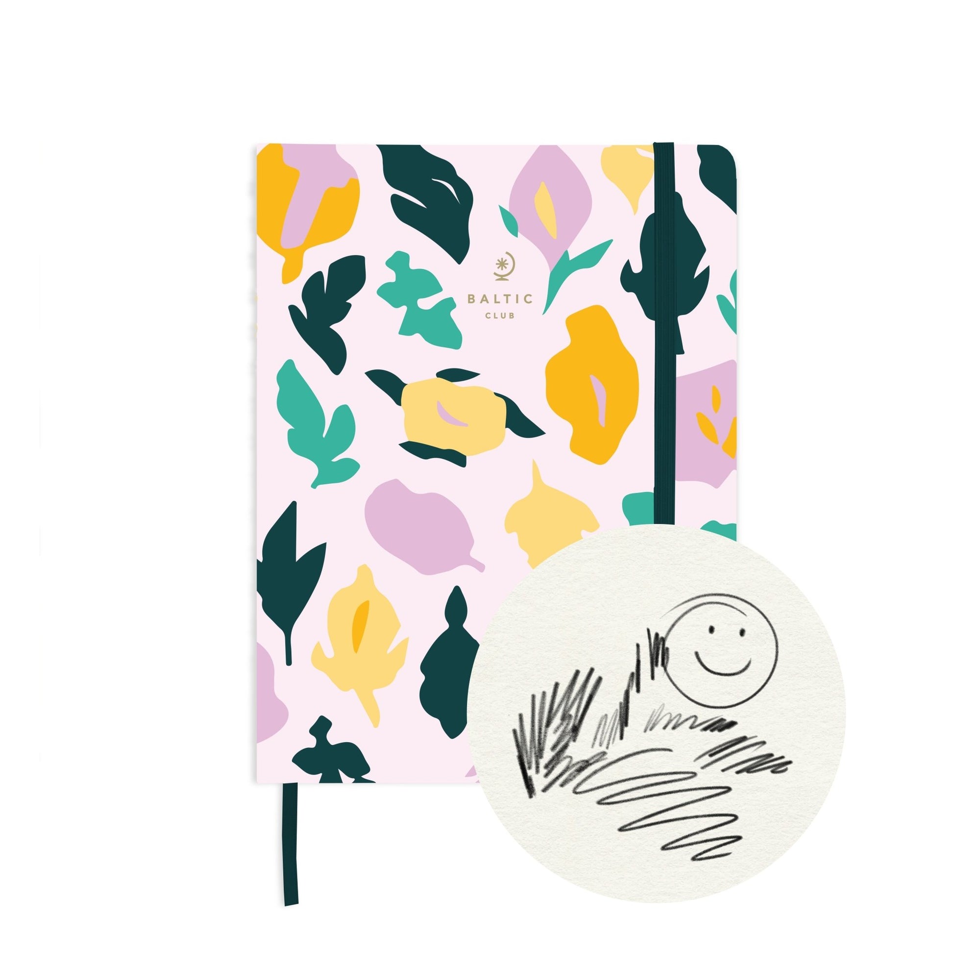 Carnet à dessins Isla à couverture rigide rose pâle orné de motifs floraux abstraits colorés avec détails vert canard