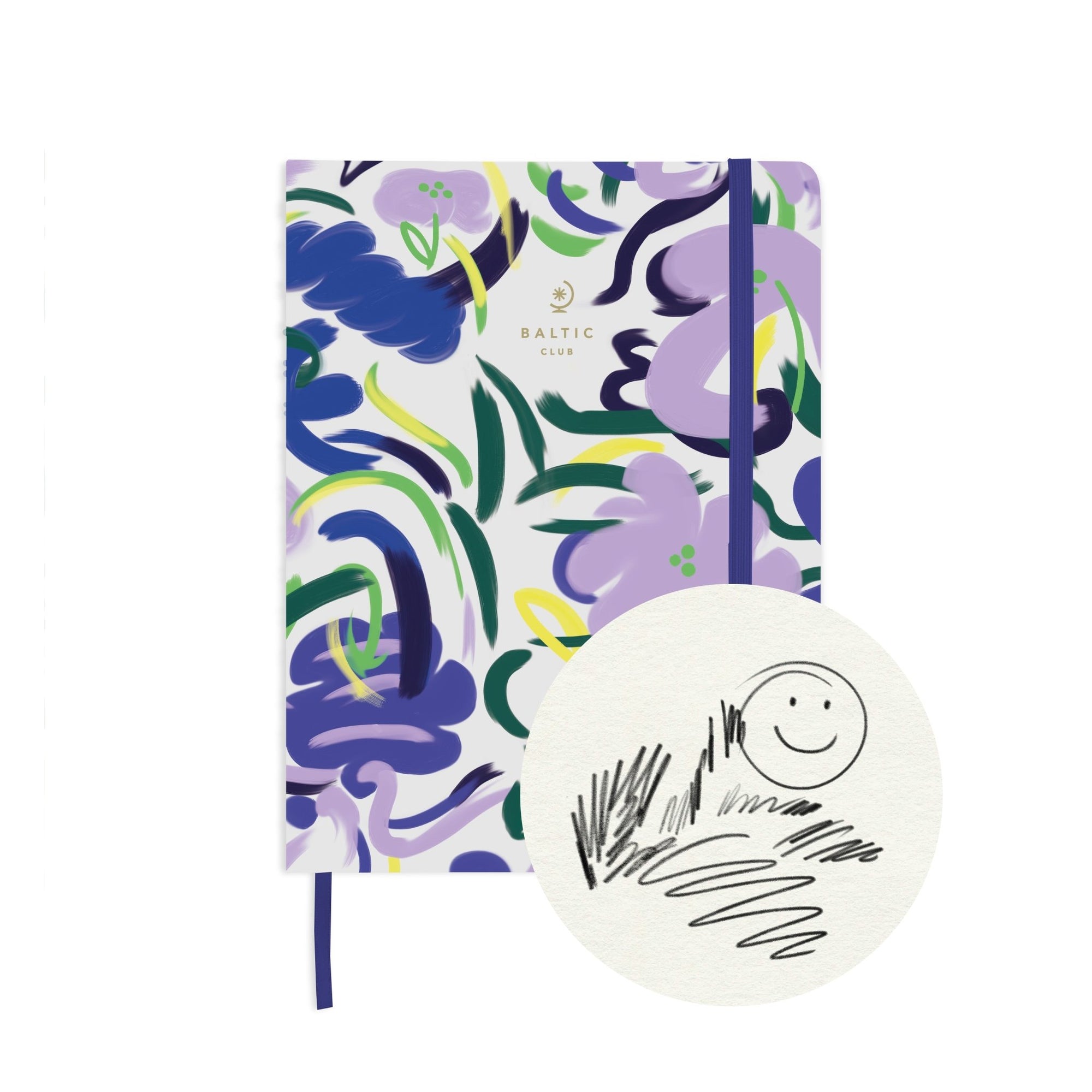 Carnet à dessins Mirage avec couverture florale abstraite aux couleurs vives et élastique bleu marine