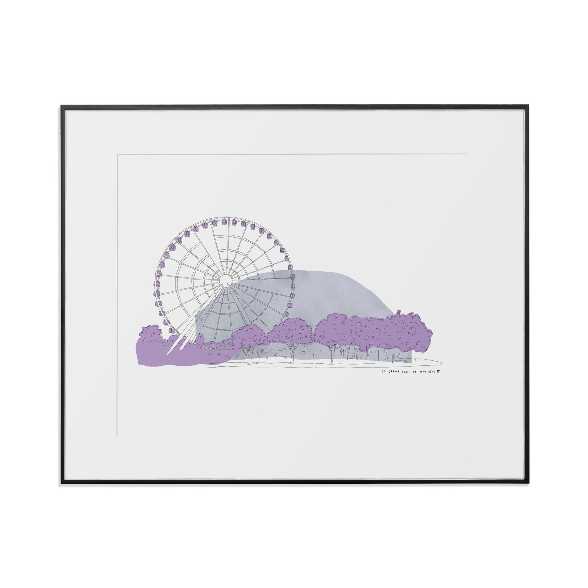 Close-up of Montreal Ferris Wheel art print frame showing matte black wood texture and lavender gondolas