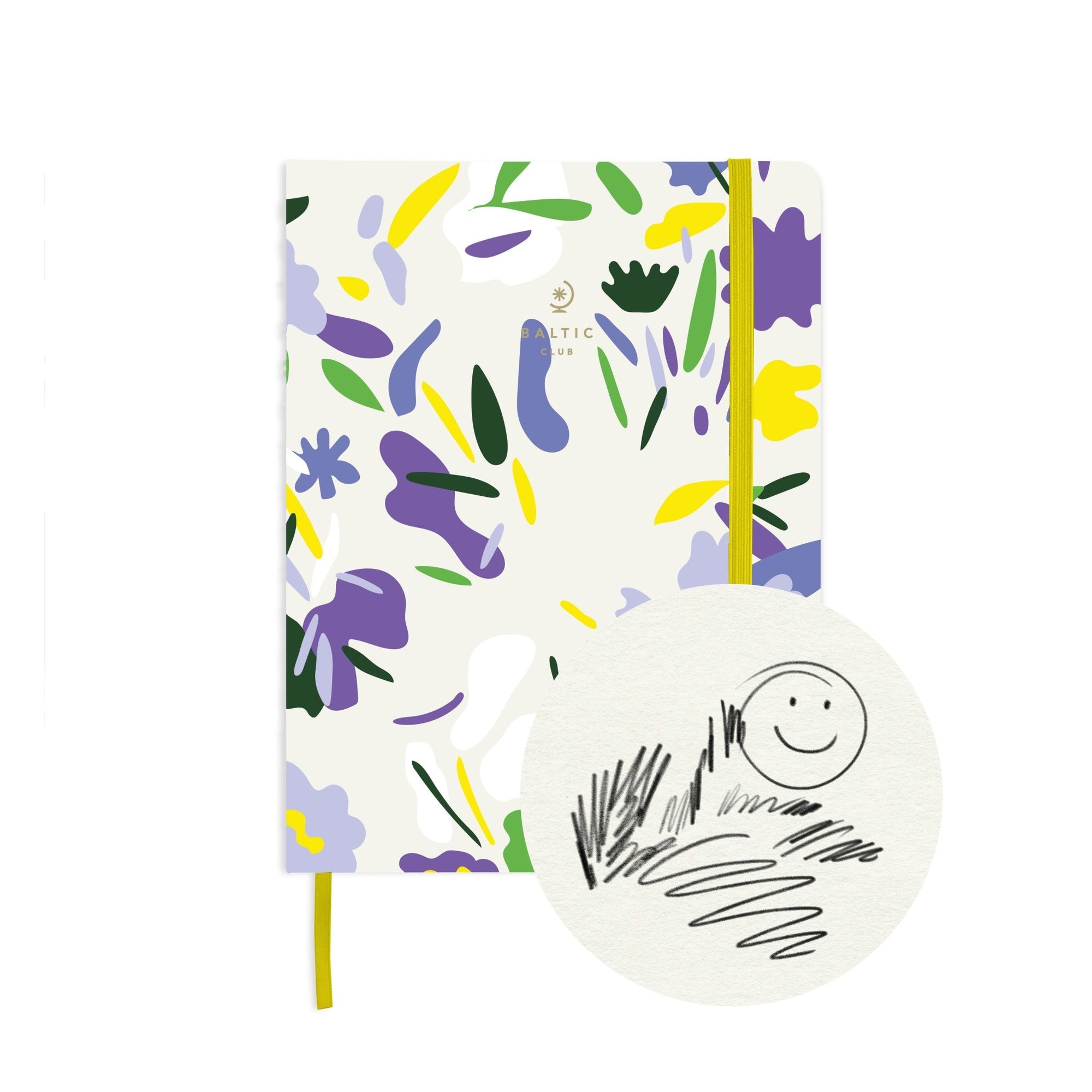 Carnet à dessins Présage avec couverture mate lisse, élastique jaune vif et marque-page satiné sur fond blanc