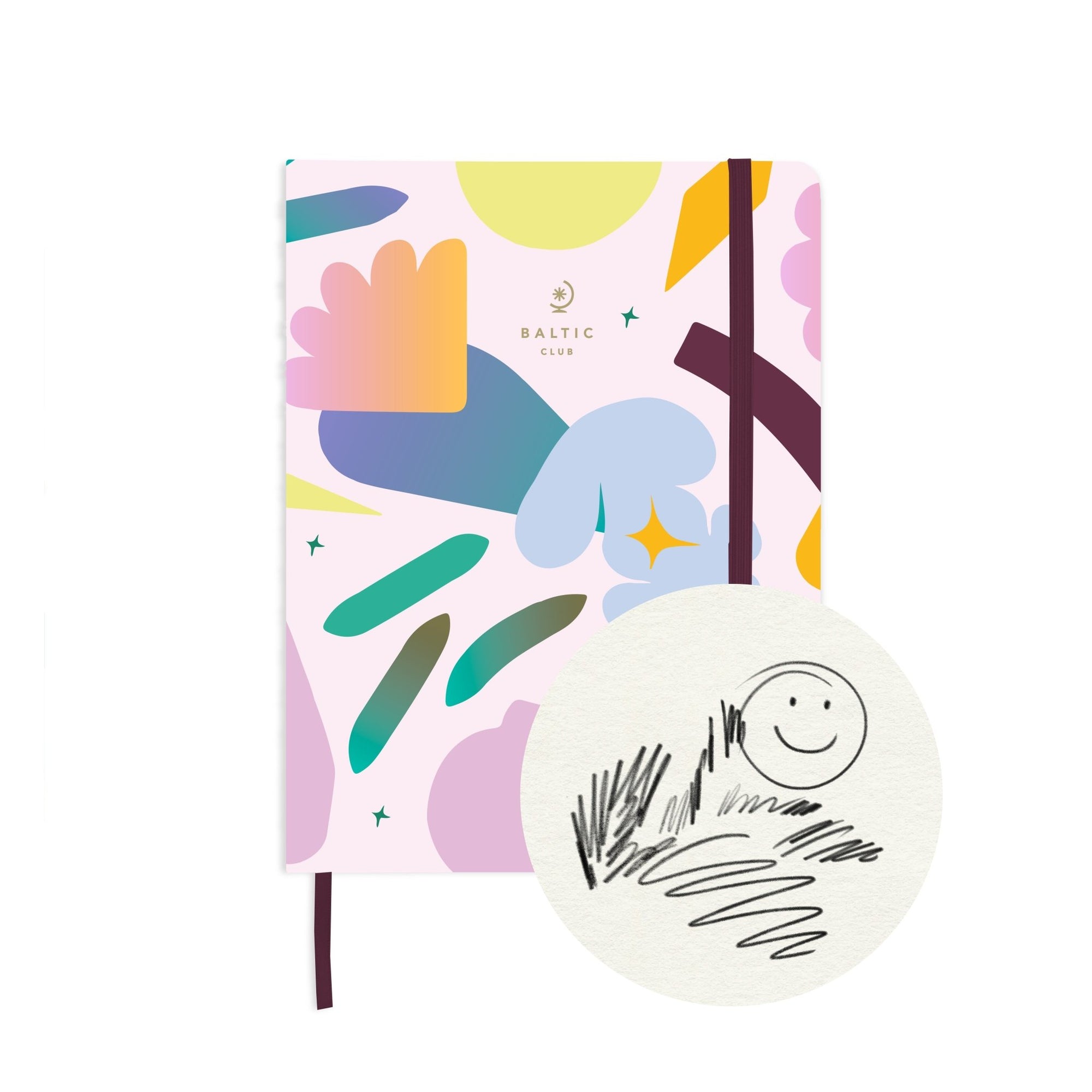 Carnet à dessins Pélagie à couverture rigide aux motifs abstraits colorés et élastique bordeaux sur fond blanc