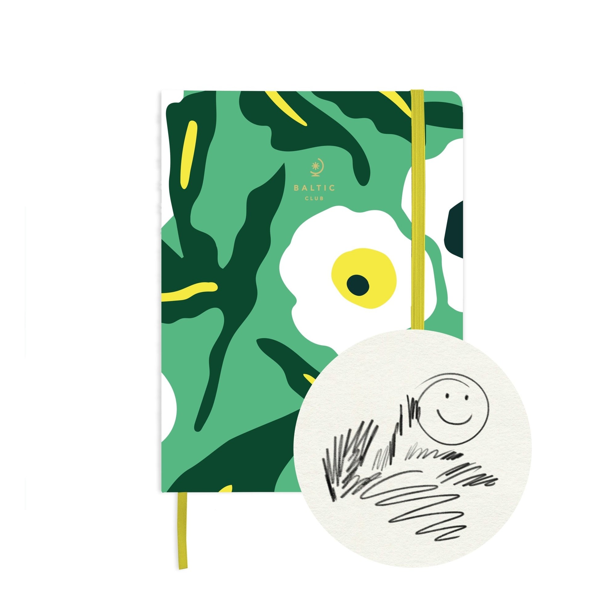 Carnet à dessins Murmure à couverture mate florale et élastique jaune vif, design élégant et durable