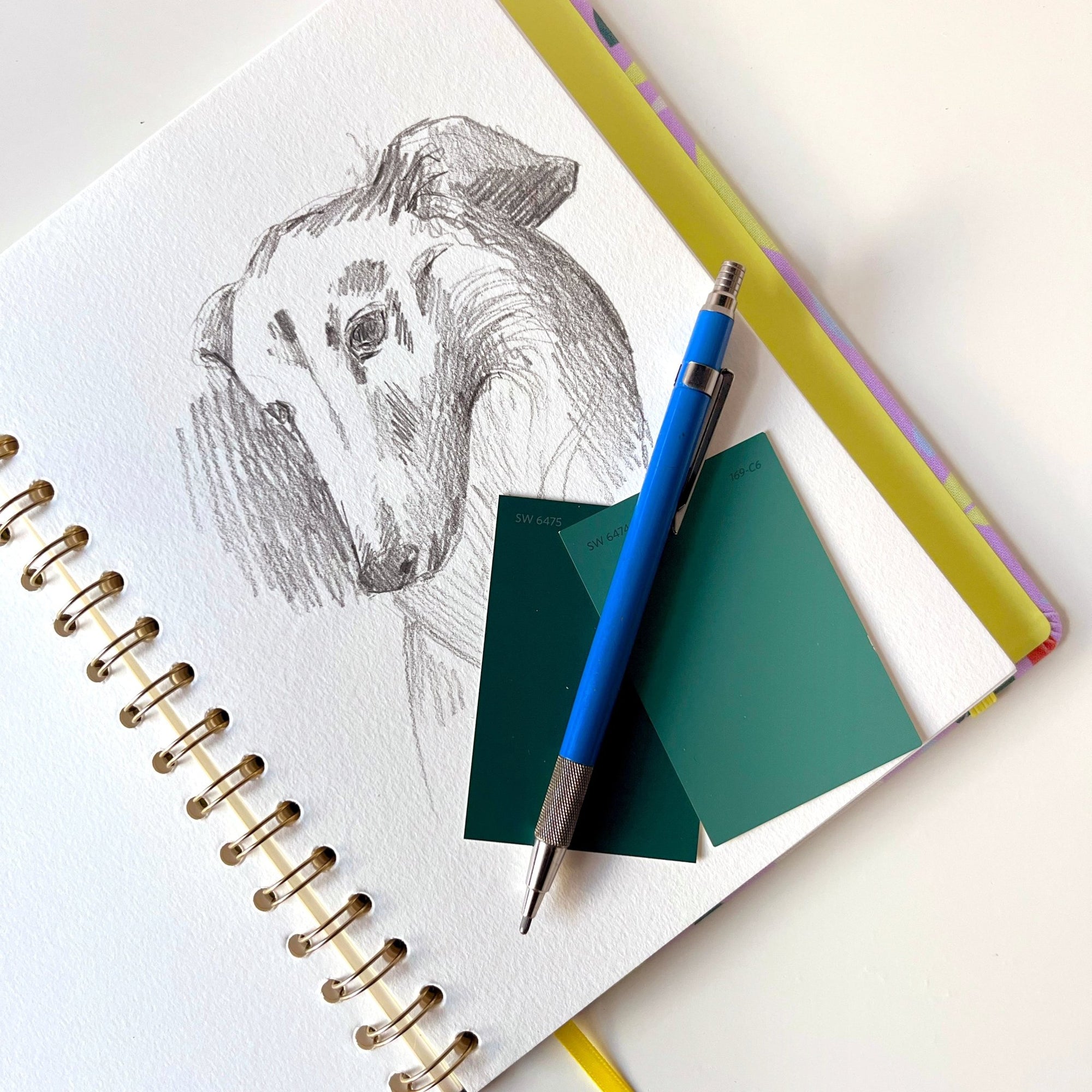 Zoom sur la spirale dorée du carnet Murmure et l’esquisse au crayon d’un lévrier