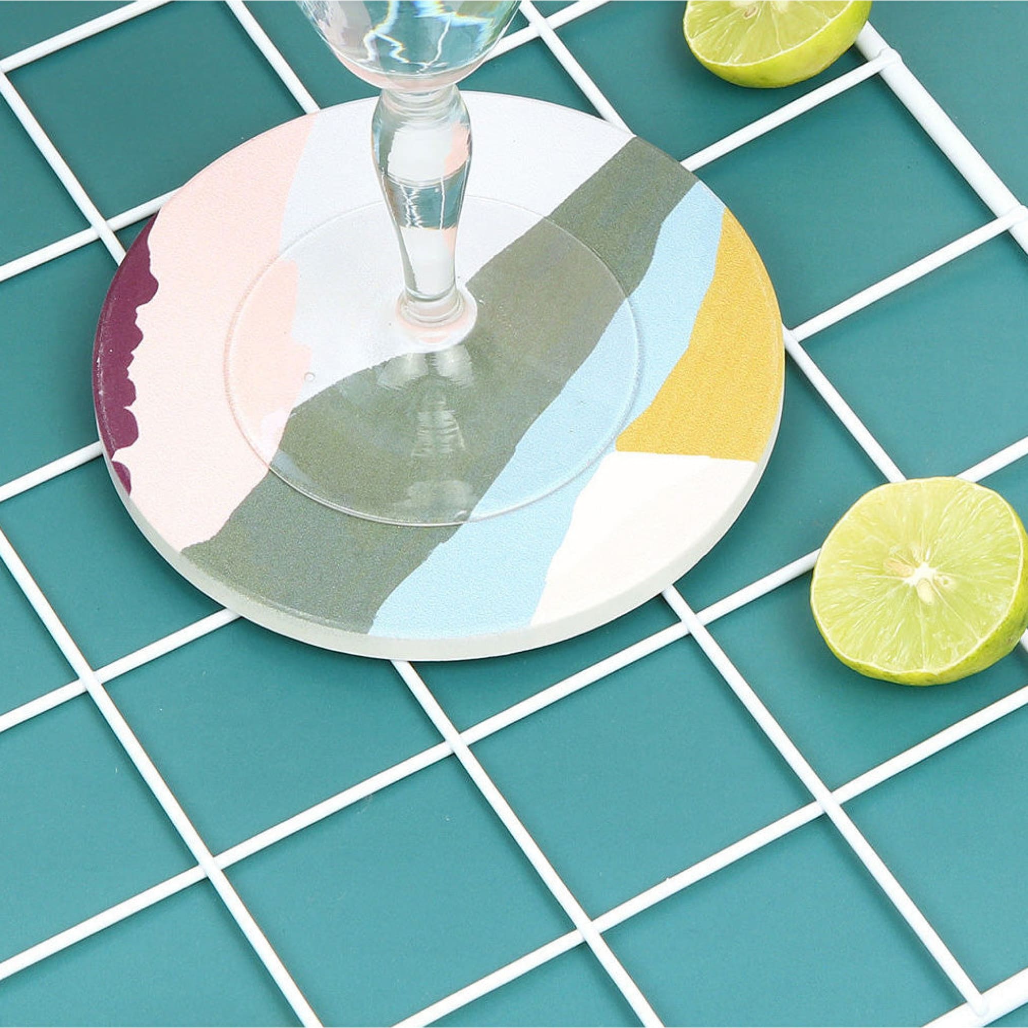 Absorbent Ceramic Coaster seen from above with a glass on it