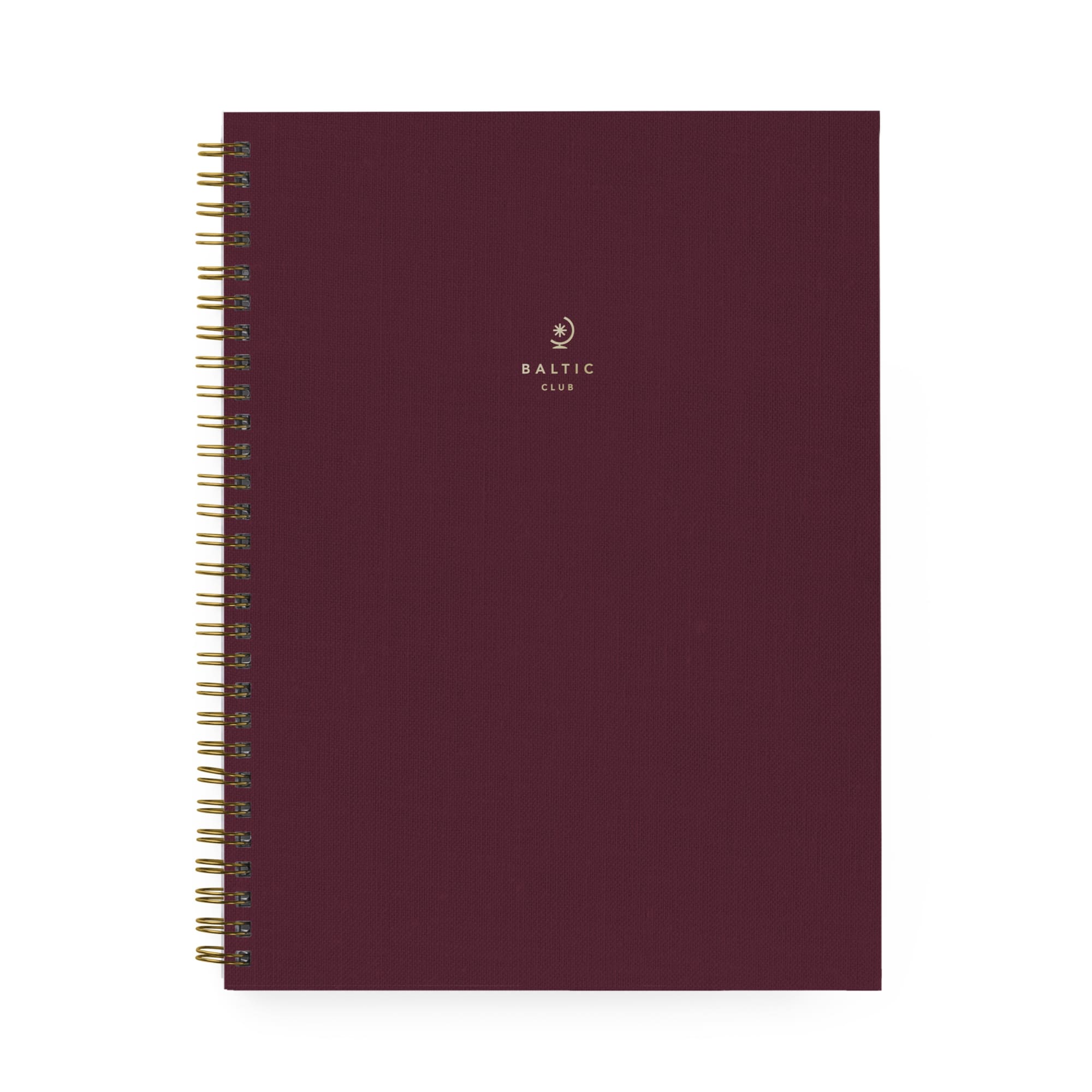 The front of the large burgundy cloth-covered spiral notebook by the Baltic Club