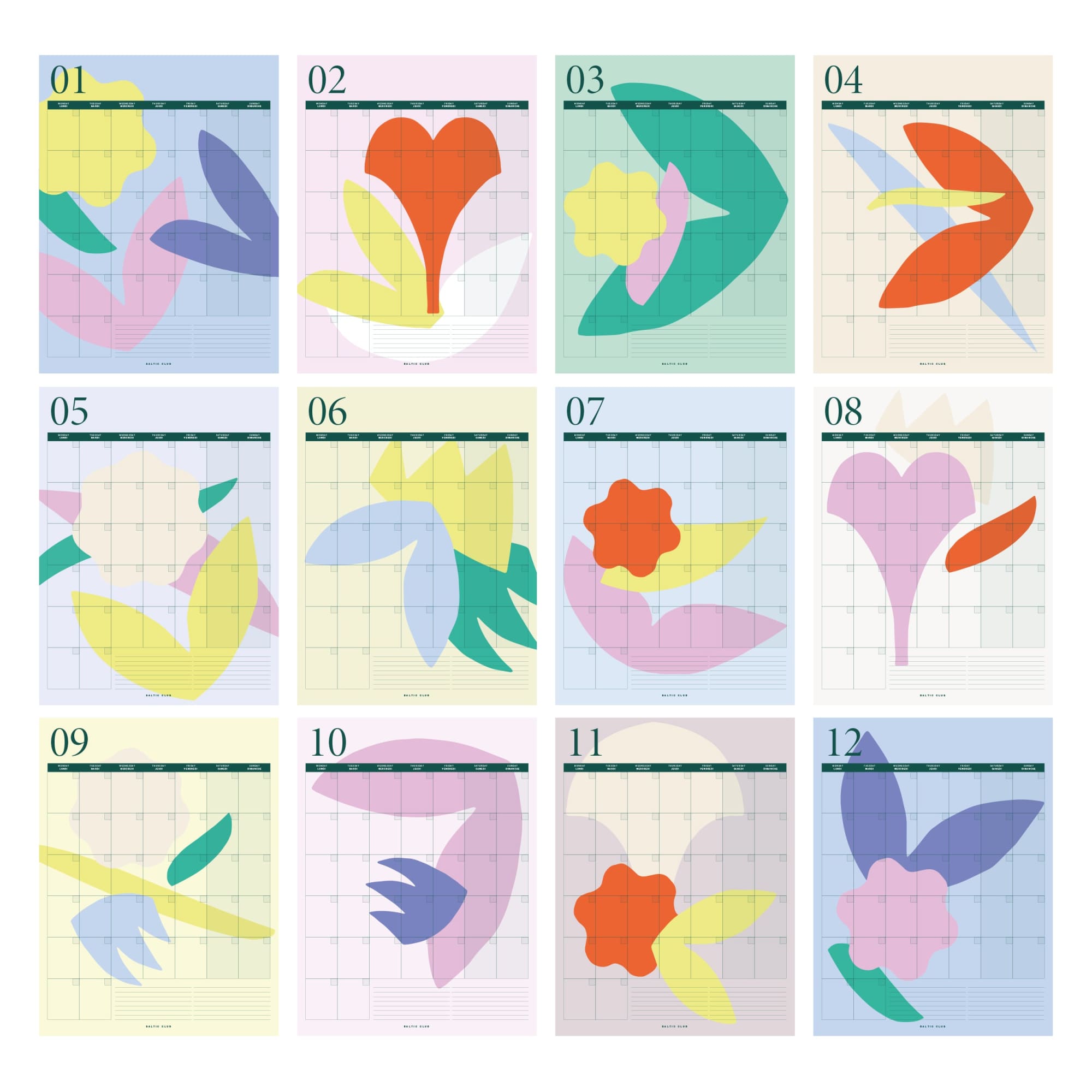 Large Monthly Undated Wall Calendar "Bouquet" - Baltic Club