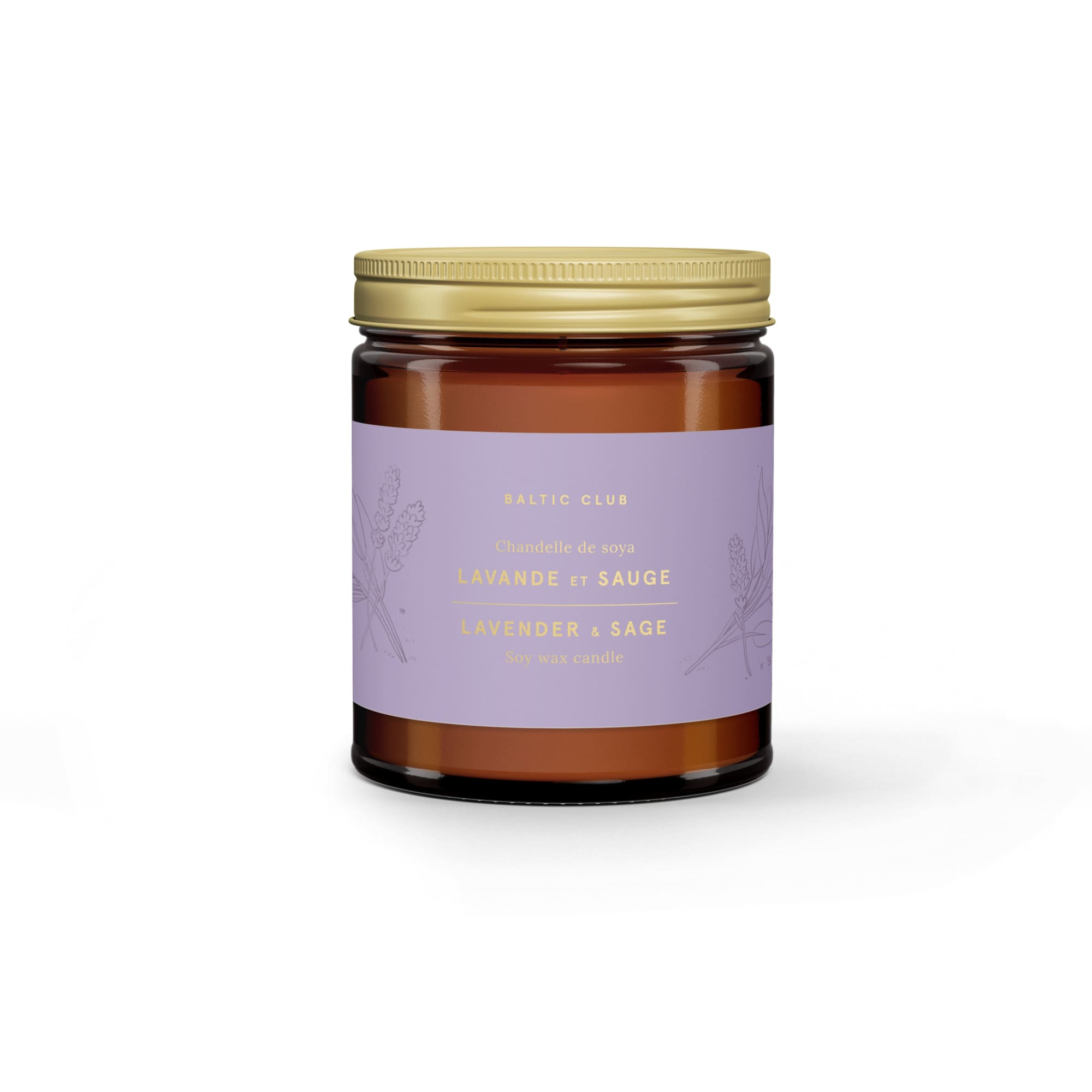 The Baltic Club&#39;s Lavender &amp; Sage Soy Candle front with it&#39;s gold lid.