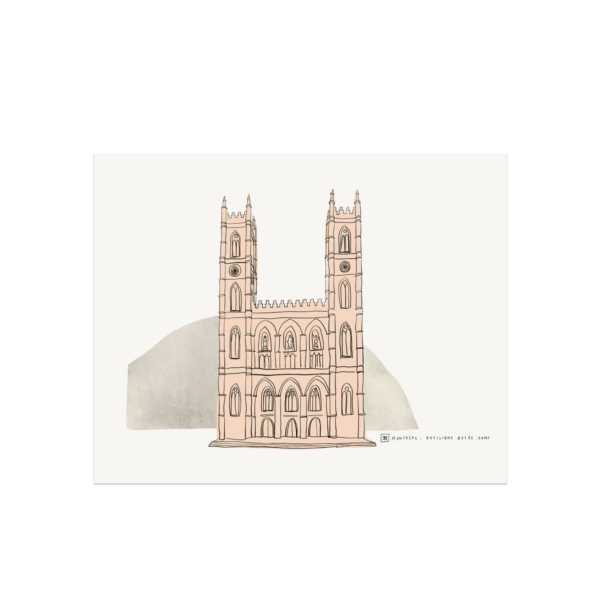 Montreal Notre-Dame Basilica art print with delicate peach line art and subtle textured gray background