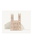 Montreal Notre-Dame Basilica art print with delicate peach line art and subtle textured gray background