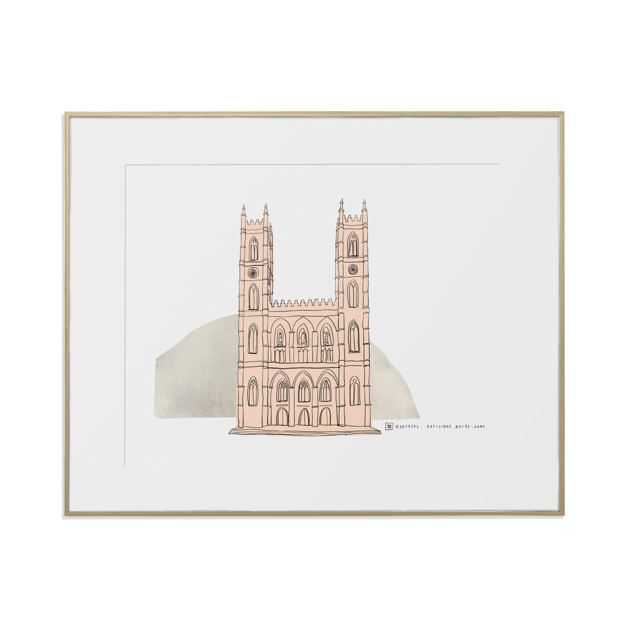 Close-up of Montreal Notre-Dame Basilica Art Print showcasing pale gold wooden frame and bright white matting