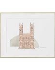 Close-up of Montreal Notre-Dame Basilica Art Print showcasing pale gold wooden frame and bright white matting