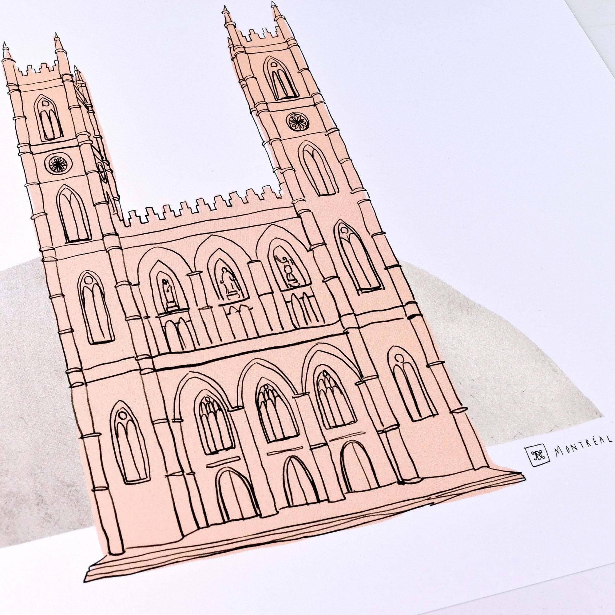 Close-up of Montreal Notre-Dame Basilica art print revealing minimalist lines and textured white background