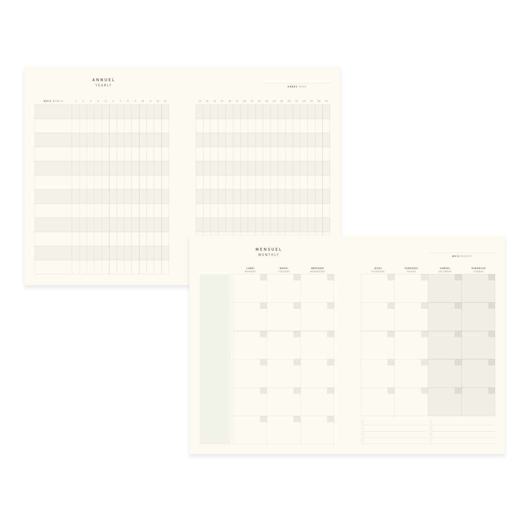 Annual and monthly spreads of the Grey Cloth-covered Undated Planner from The Baltic Club