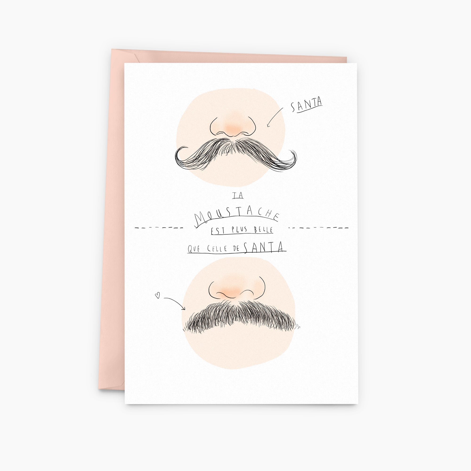 Carte de vœux élégante avec illustrations ludiques de moustaches et texte manuscrit en français sur fond blanc