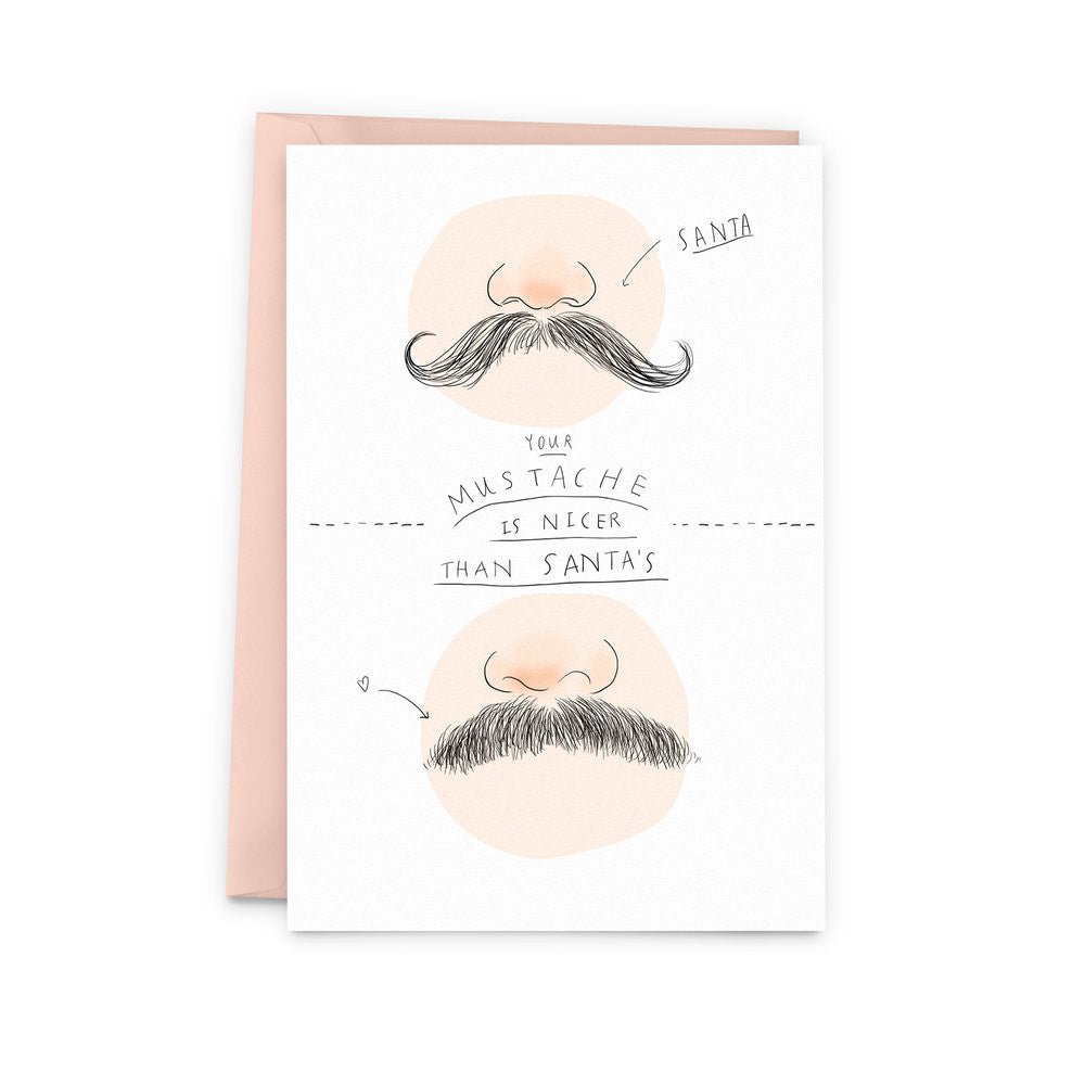 Carte de vœux humoristique avec moustaches contrastées et message manuscrit ludique sur fond blanc